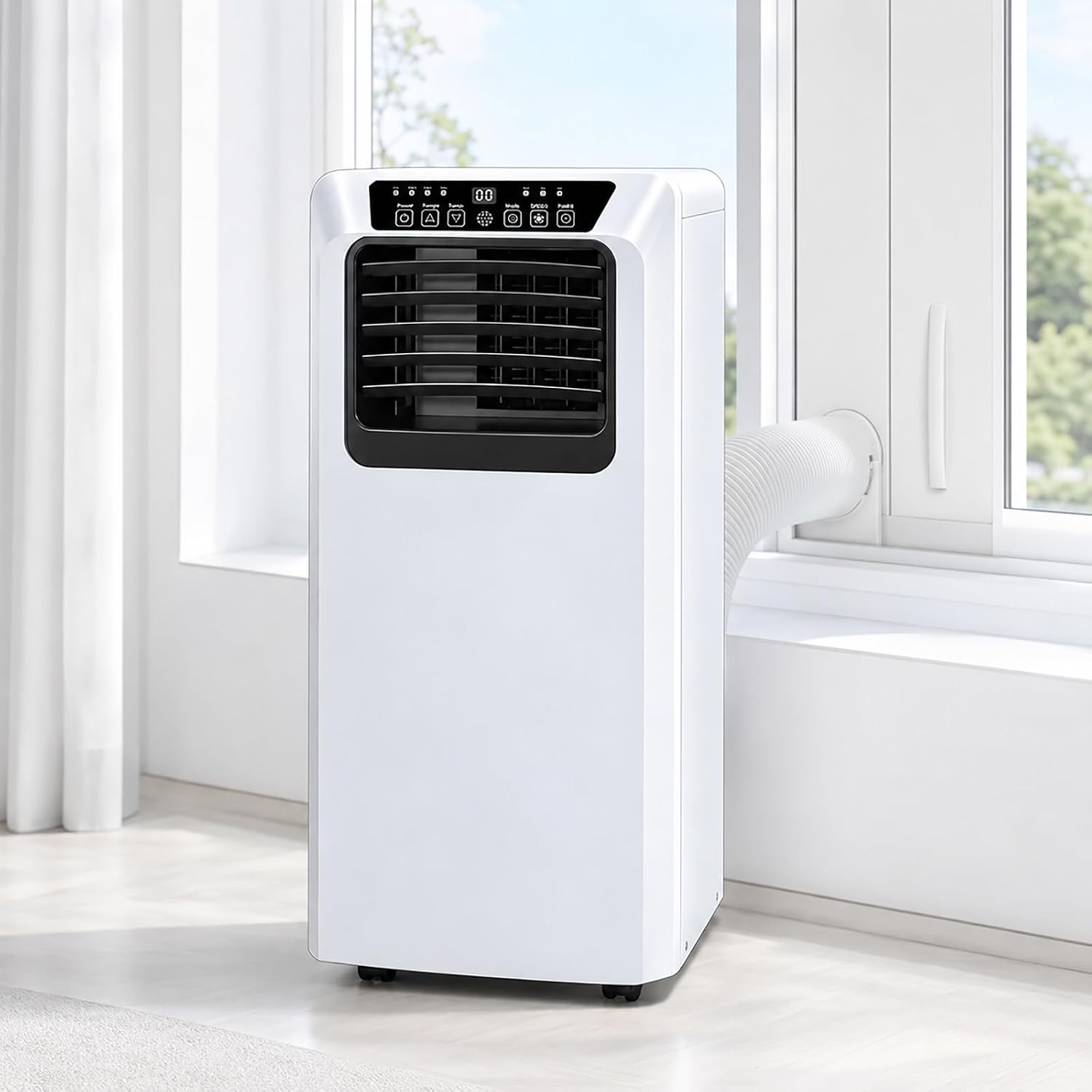 Climatiseur Mobile 9000 BTU avec Tuyau D'évacuation | Climatiseur Portable 3 en 1 | Fonctionnement Silencieux | Kit D'installation Fenêtre | Minuterie 24 Heures | pour Pièces Jusqu'à 20 m²