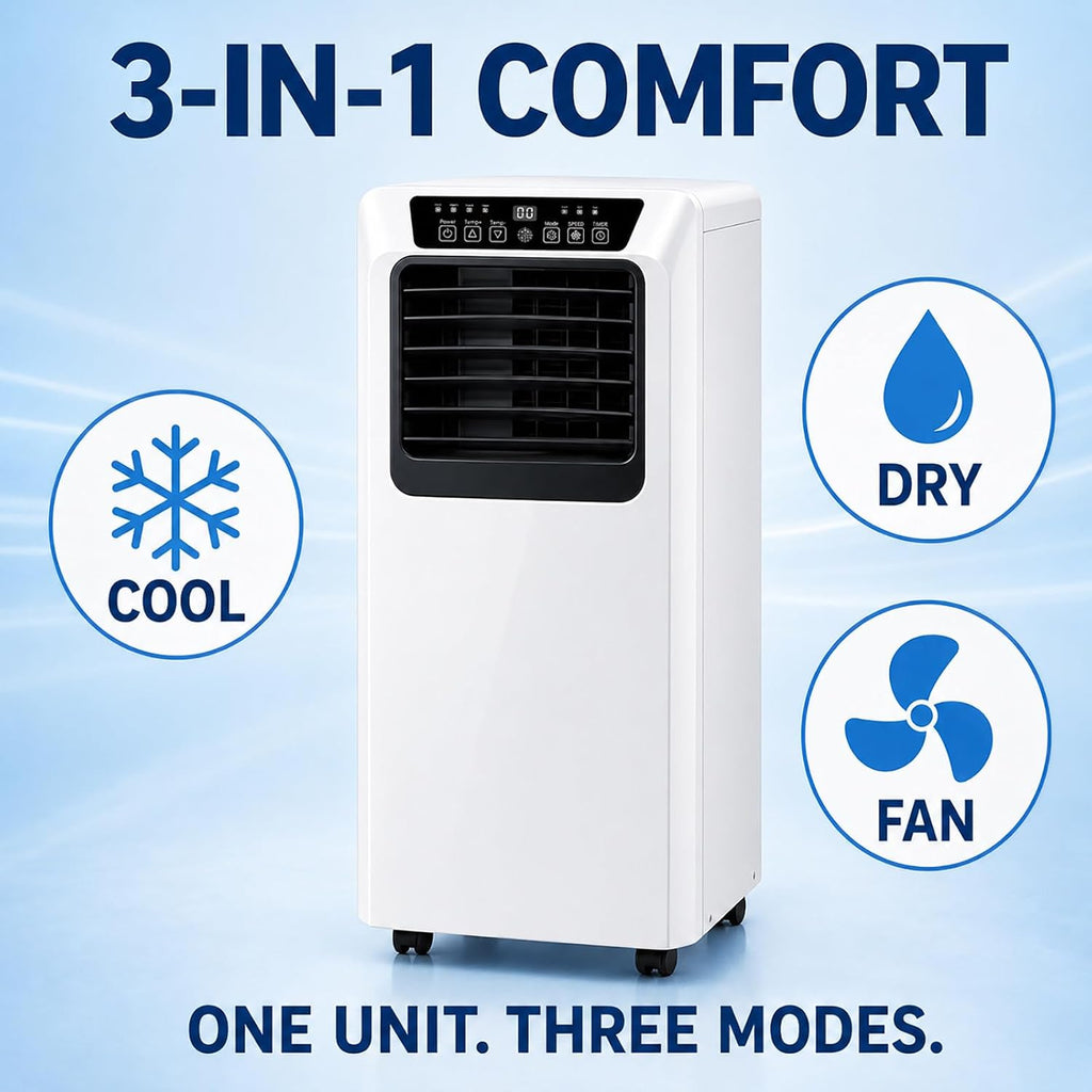 Climatiseur Mobile 9000 BTU avec Tuyau D'évacuation | Climatiseur Portable 3 en 1 | Fonctionnement Silencieux | Kit D'installation Fenêtre | Minuterie 24 Heures | pour Pièces Jusqu'à 20 m²