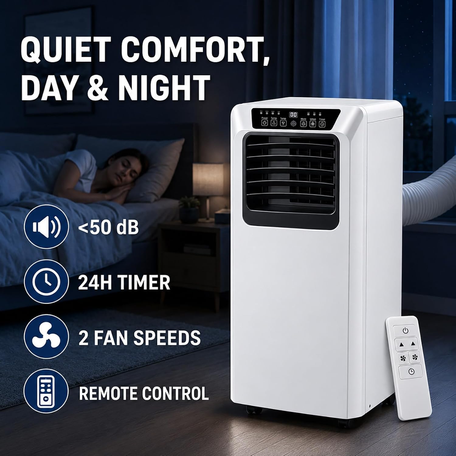 Climatiseur Mobile 9000 BTU avec Tuyau D'évacuation | Climatiseur Portable 3 en 1 | Fonctionnement Silencieux | Kit D'installation Fenêtre | Minuterie 24 Heures | pour Pièces Jusqu'à 20 m²
