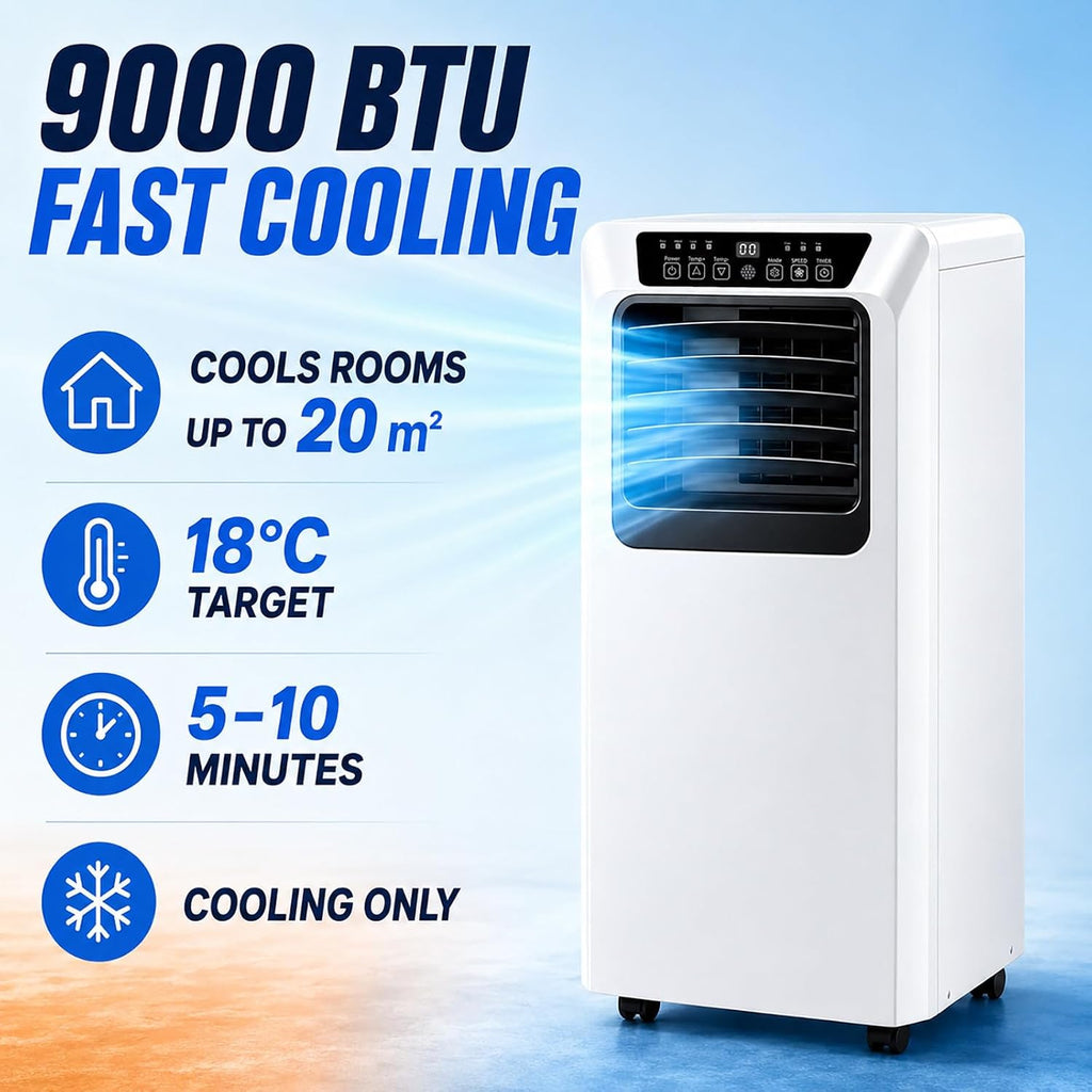 Climatiseur Mobile 9000 BTU avec Tuyau D'évacuation | Climatiseur Portable 3 en 1 | Fonctionnement Silencieux | Kit D'installation Fenêtre | Minuterie 24 Heures | pour Pièces Jusqu'à 20 m²